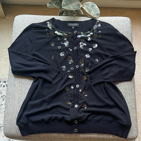 Vintage Floral Paillettes Sequin Cardigan, Size: 1X circa 2008 - Picture 1 of 17